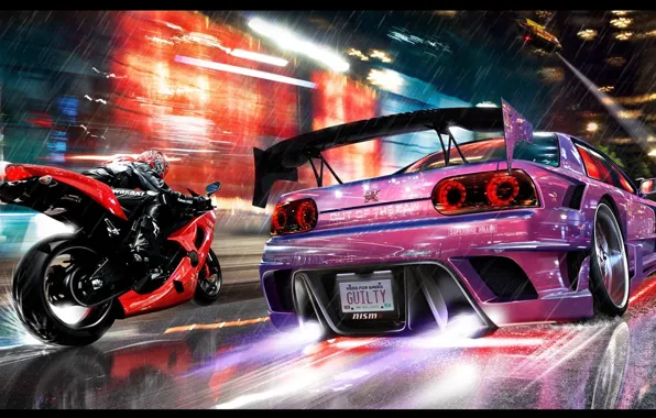 Picture night, lights, rain, speed, neon, motorcycle, NFS, Need for Speed