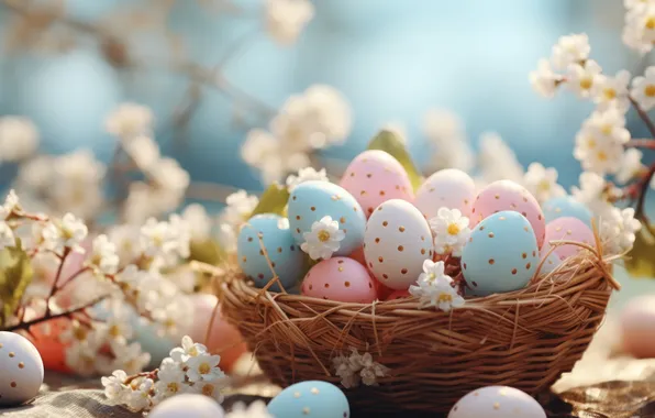 Holiday, eggs, spring, Easter, basket, painted, eggs, AI art