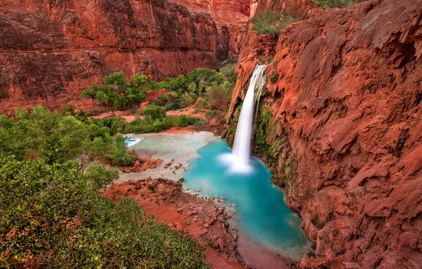 Nature, river, waterfall, canyon, Havasu Falls