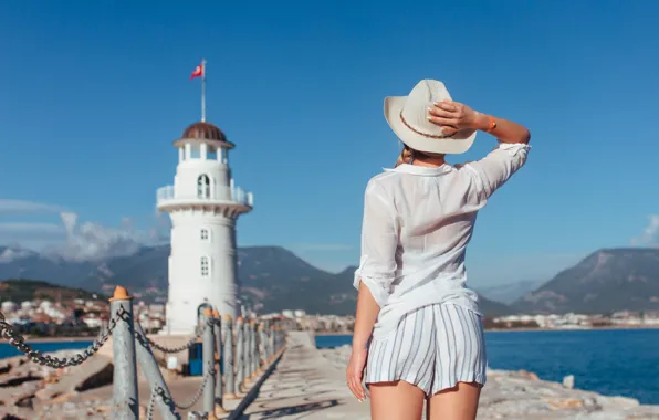 Sea, girl, pose, shorts, lighthouse, hat, Ruslan Kid