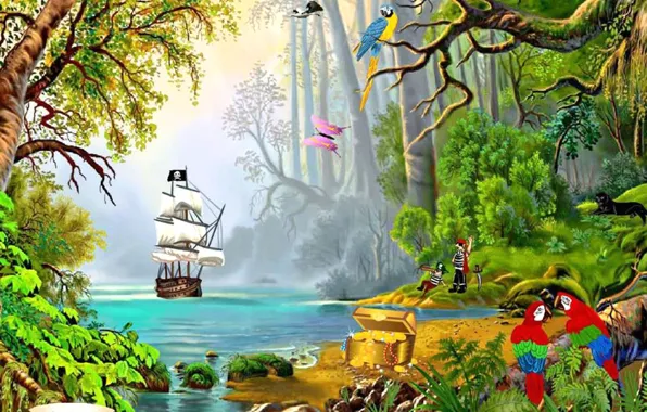 Sailboat, pirates, chest, treasures, baby Wallpaper, ship in exotic nature