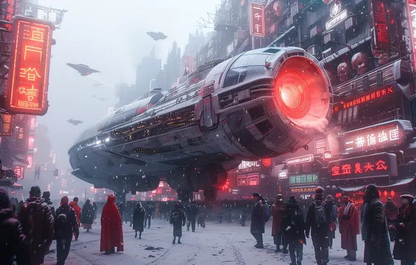 The city, fog, future, people, fiction, building, UFO, haze