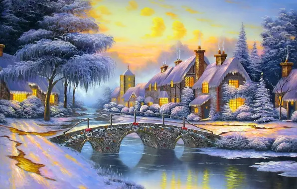 Winter, the sky, snow, bridge, river, street, home, the evening