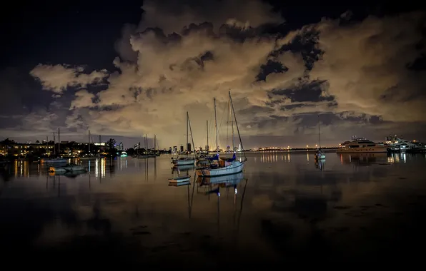 Sea, the sky, clouds, night, lights, boat, yacht, harbour