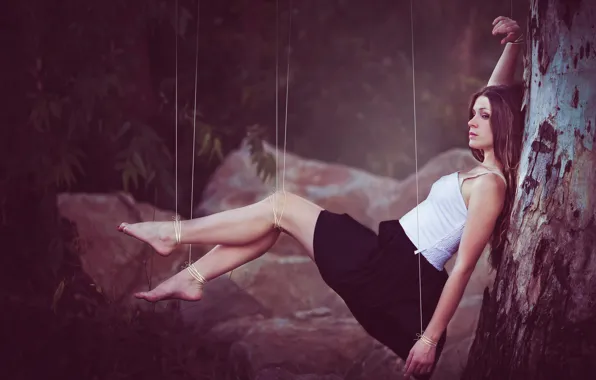 Girl, trees, thread, Between Heaven and Earth, between heaven and earth