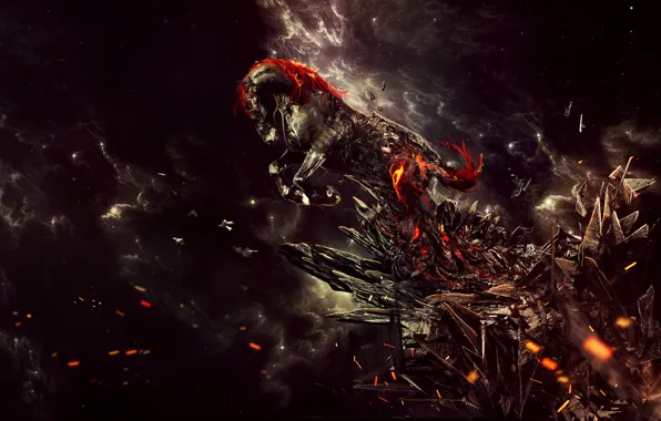 Nebula, clouds, lights, stones, fantasy, fiction, rocks, horse