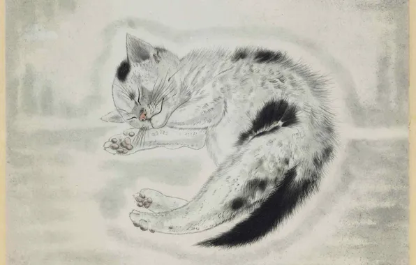 Picture gloomy, 1930, engraving, Tsuguharu, Fujita, sleeping kitten, color etching