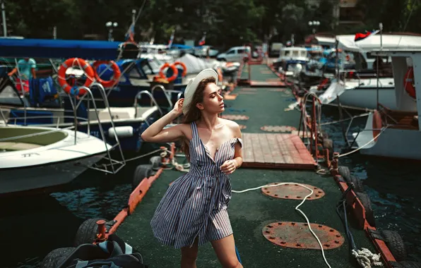 Girl, pose, yachts, pier, hat, sundress, closed eyes, Gregory Levin