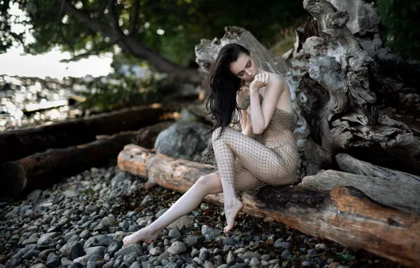 Erotic, girl, nature, pose, pebbles, stones, tree, feet