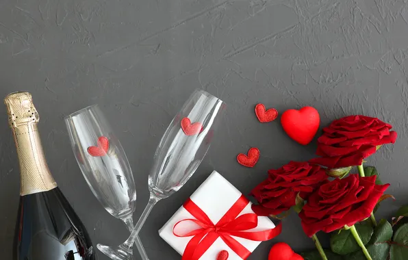 Love, flowers, gift, romance, heart, roses, bouquet, glasses