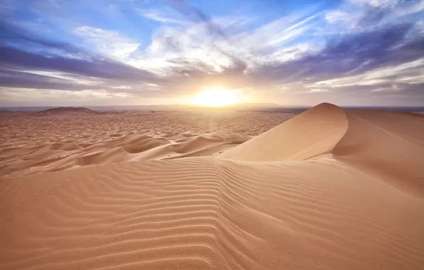 The sun, clouds, desert, dunes, Sands, Morocco, Er Rachidia, Merzouga