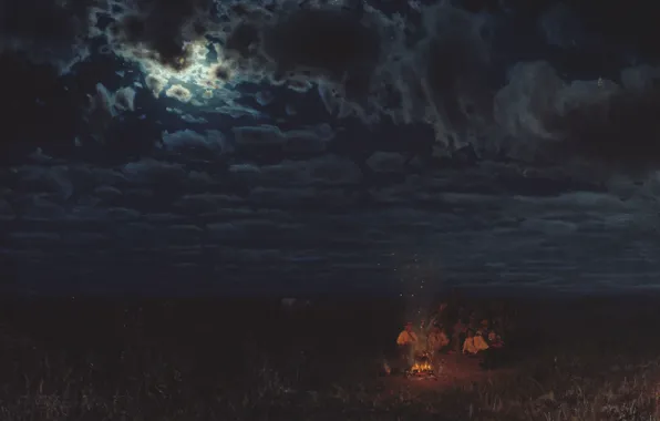 Clouds, fire, oil, moonlight, Canvas, the fire, Nikolai SERGEYEV, Night in the desert