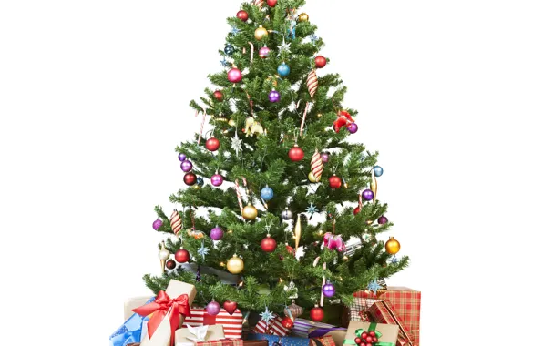 New Year, Balls, Tree, Holidays, Gifts, White Background