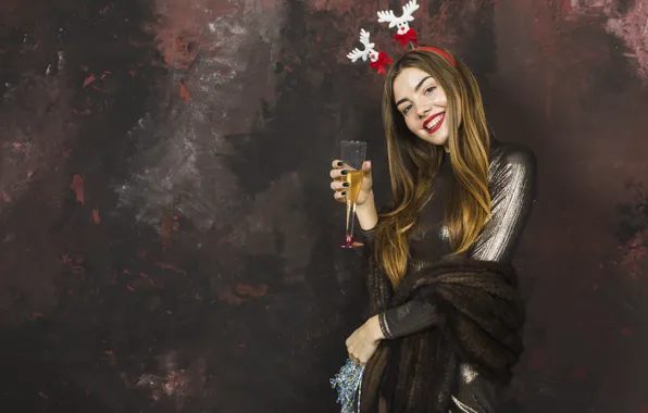 Girl, pose, smile, wine, glass, positive, dress, Christmas