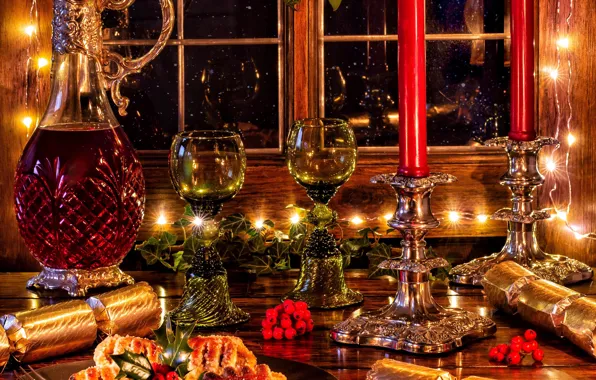 Picture berries, wine, candles, glasses, window, Christmas, cake, cakes