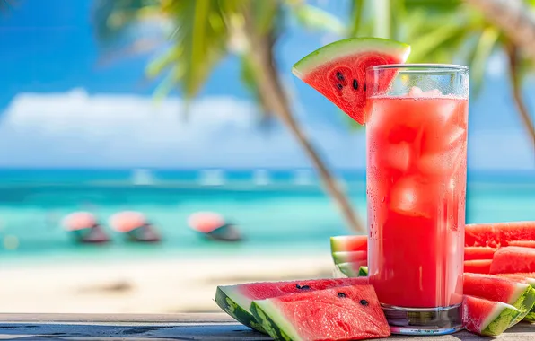 Ice, sea, beach, summer, glass, stay, watermelon, cocktail