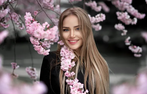 Picture look, girl, branches, face, smile, mood, portrait, spring