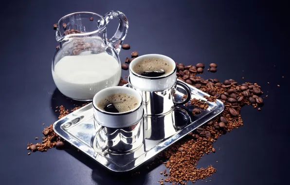 Coffee, tray, milk, cups, coffee beans