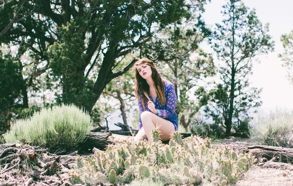 Girl, pose, cacti, sitting