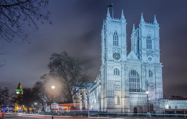 Night, lights, England, London, Westminster Abbey