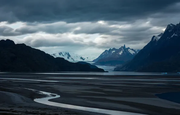 Mountains, clouds, nature, river, overcast, pond, Chile, Andes