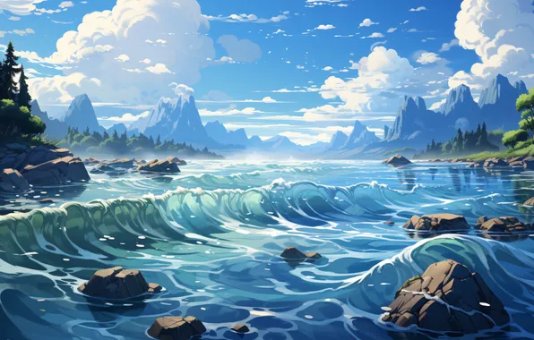 Water, Clouds, Mountains, Wave, River, Digital art, AI art, The Art of Artificial Intelligence
