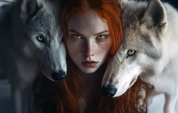 White, look, girl, pose, wolf, fantasy, wolves, white