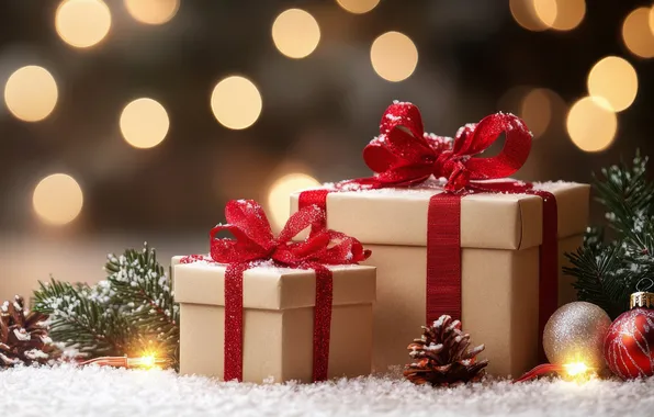 Lights, Christmas, gifts, New year, box, bokeh, bows, AI art