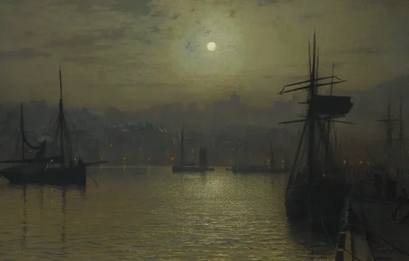 Ship, picture, harbour, John Atkinson Grimshaw, John Atkinson Grimshaw, Old Scarborough. Full Moon. Tide