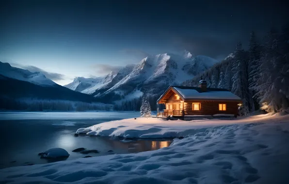 Winter, forest, light, snow, mountains, night, house, shore