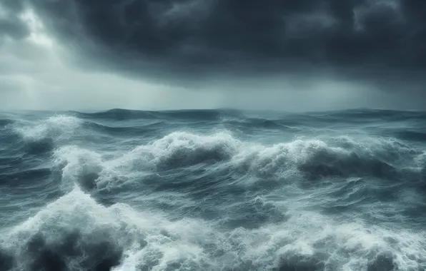 Sea, wave, clouds, nature, fog, rendering, overcast, storm