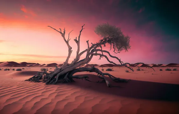 Sand, landscape, sunset, branches, nature, rendering, tree, desert