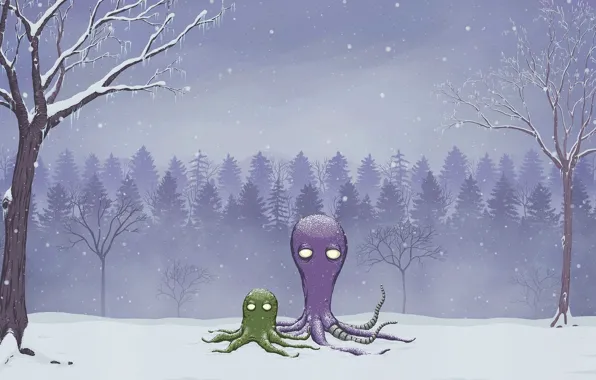 Winter, forest, snow, figure, octopus, rob sheridan