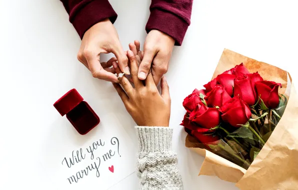 The inscription, roses, bouquet, hands, ring