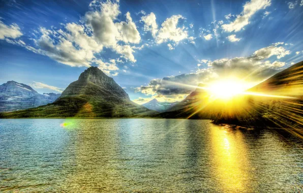The sky, clouds, lake, mountain, The sun, hdr