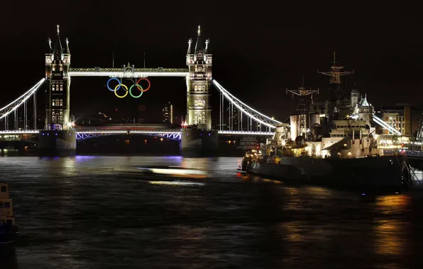 Night, river, ship, England, London, Thames, Tower bridge, cruiser