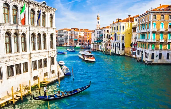 Picture people, home, boats, Italy, Venice, channel, flags, architecture