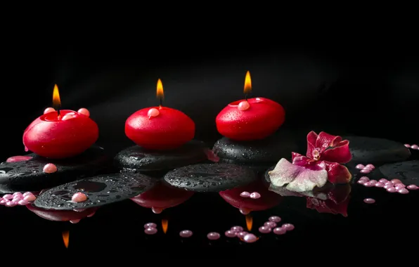 Picture flower, water, candles, Orchid, pearls, Spa stones