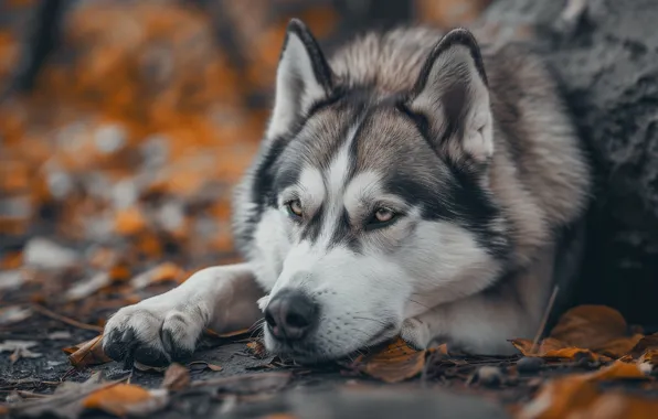 Autumn, look, nature, pose, foliage, paw, portrait, dog