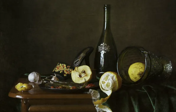 Table, lemon, bottle, still life, pear