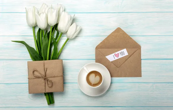 Picture love, gift, bouquet, love, romantic, tulips, coffee cup, valentine's day