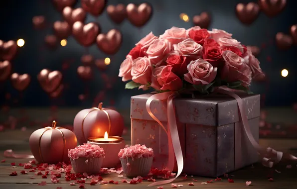 Love, flowers, gift, romance, heart, roses, love, happy