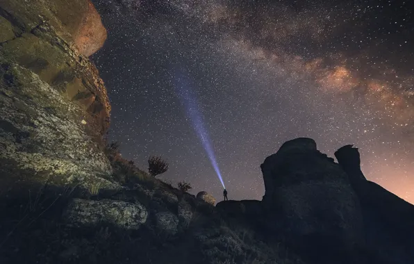 The sky, stars, people, ray, Night, The milky way, flashlight