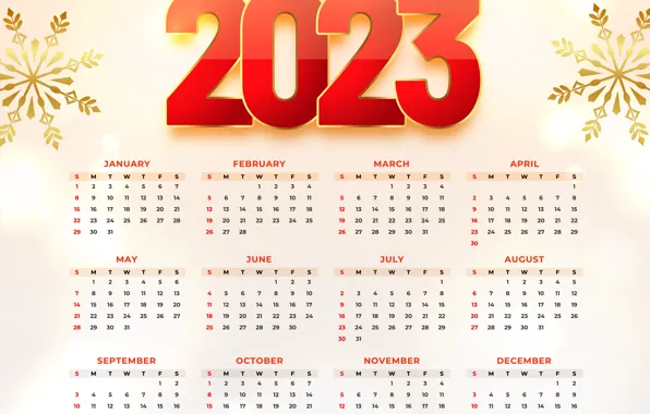 Picture a month, red, calendar for 2023, date, figures, snowflakes, days of the week, calendar