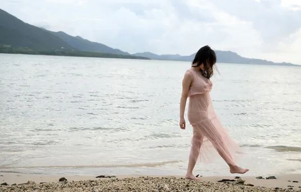 Beautiful, Asian, Model, Coast, Beach, Water, Mountain, Woman