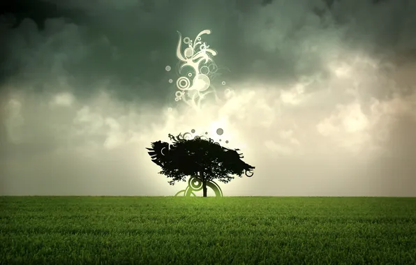 Picture field, green grass, lonely tree, abstract tree, dark clouds, abstract tree, abstract shapes