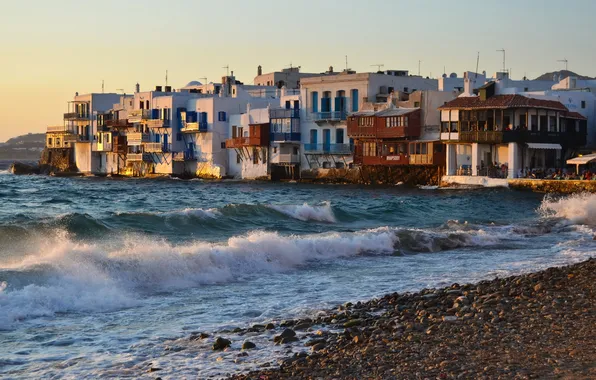 Sea, wave, the city, photo, coast, Greece, surf, Mykonos