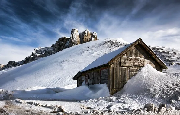 Picture house, cabin, snowy mountains
