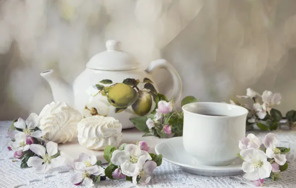 Picture flowers, tea, composition, marshmallows, Ellygri
