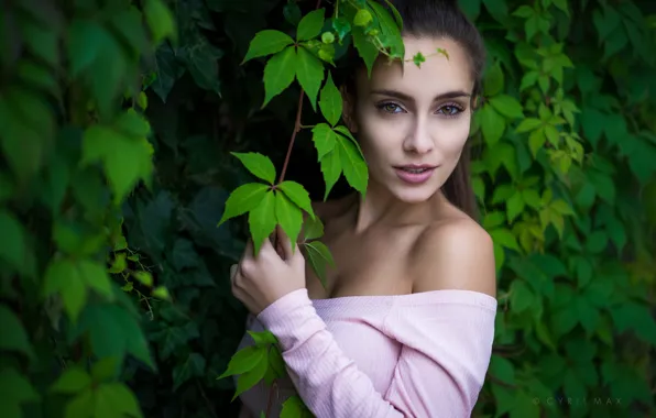 Greens, look, leaves, branches, model, portrait, makeup, dress